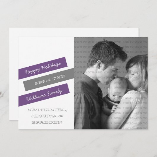 Moderne Slant Photo Holiday Kaart (Paars/grijs) (Voorkant / Achterkant)