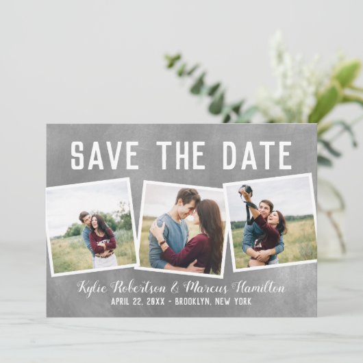 Moderne slate momentopnamen opslaan Datum 3 foto Save The Date (Staand voorkant)