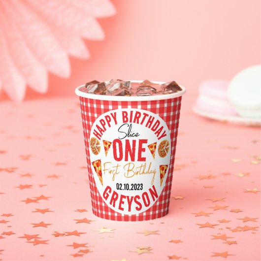 Moderne Slice Baby Pizza 1e verjaardag Papieren Bekers (Insitu)