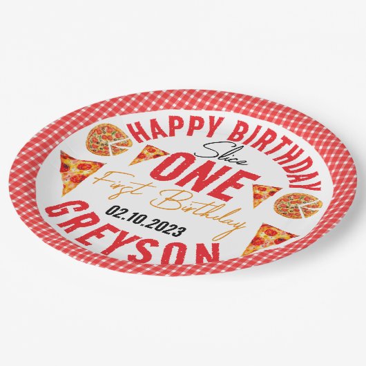 Moderne Slice Baby Pizza 1e verjaardag Papieren Bordje (Gekanteld)