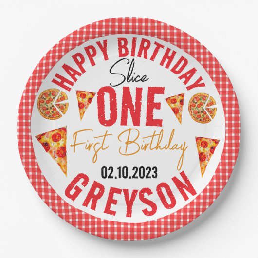 Moderne Slice Baby Pizza 1e verjaardag Papieren Bordje (Voorkant)