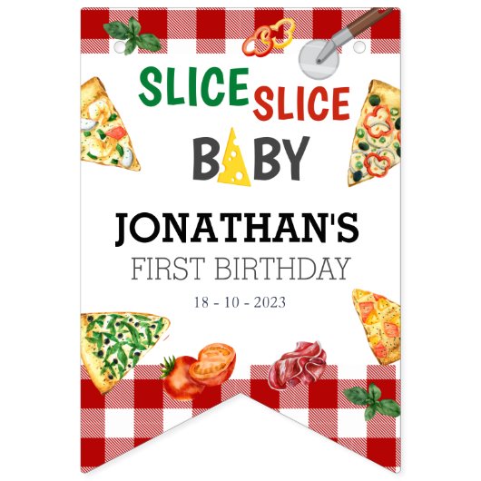 Moderne Slice Baby Pizza Foto Milestone Vlaggetjes (Eerste vlag)