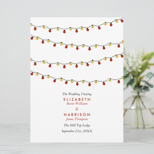Moderne Slingerlichtjes, Rood & Goud Bruiloft Programmakaart (Staand voorkant)