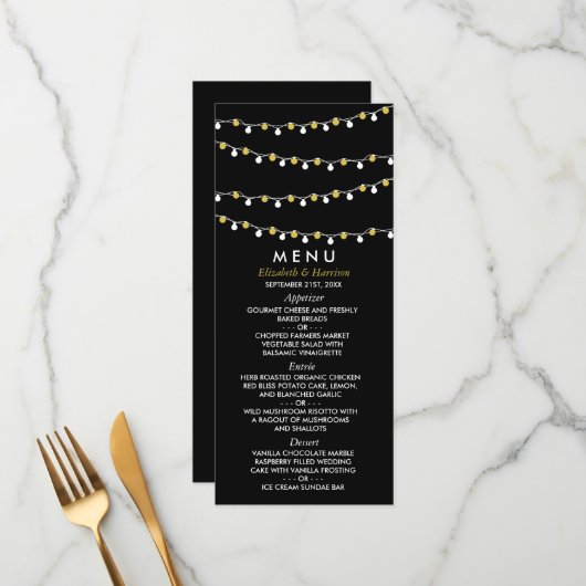 Moderne Slingerlichtjes, Wit & Goud Bruiloft Menu (Voorkant / Achterkant in situ)