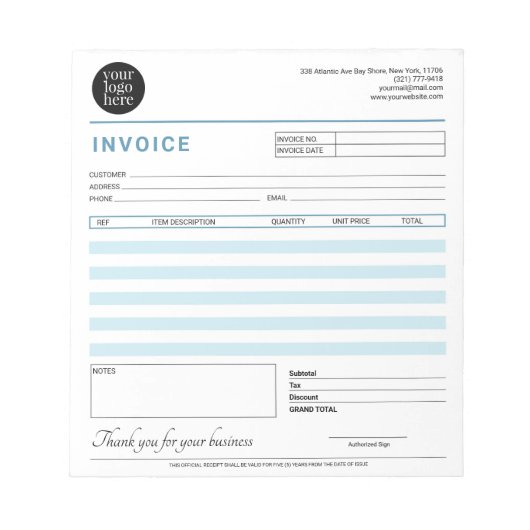 Moderne Small Business Factuons Sales Receipt Blue Notitieblok (Voorkant)