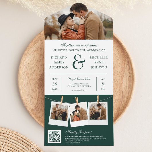 Moderne Smaragd Ampersand Foto QR Code Trouwen All In One Uitnodiging