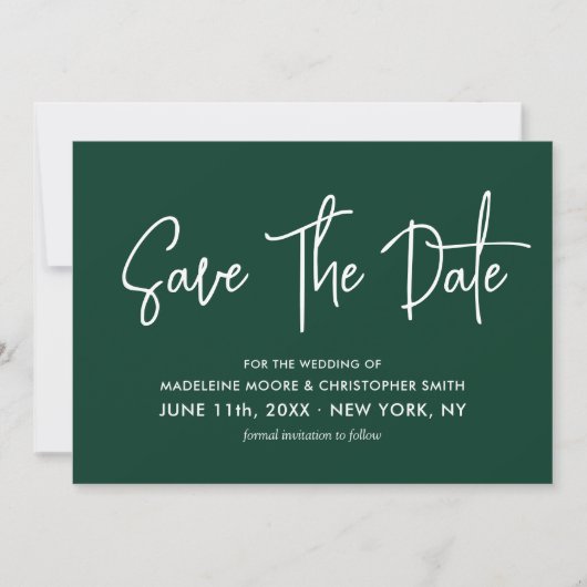 Moderne Smaragd Groene Kalligrafie Scannable QR Co Save The Date (Voorkant)