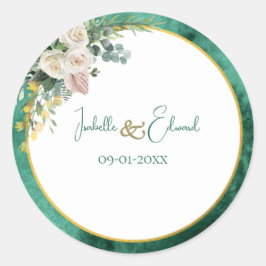 Moderne Smaragd Groene Kleur Wassen Blush Bloemen Ronde Sticker