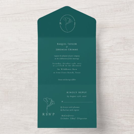 Moderne Smaragd Monogram Script Bruiloft All In One Uitnodiging (Binnen)