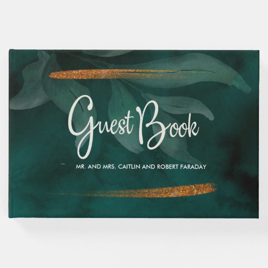 moderne smaragdgroen en bladeren gastenboek (Voorkant)