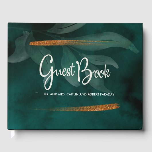 moderne smaragdgroen en bladeren gastenboek (Voorkant)