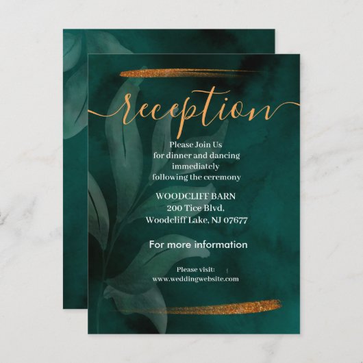 Moderne smaragdgroen en bladeren ontvangstkaart aankondigingskaart (Voorkant / Achterkant)