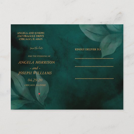 moderne smaragdgroen en bladeren Save the Date Aankondigingskaart (Achterkant)