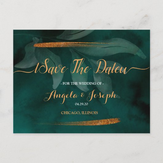 moderne smaragdgroen en bladeren Save the Date Briefkaart (Voorkant)
