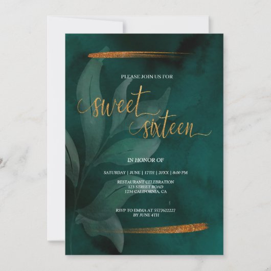 moderne smaragdgroen en zoete bladeren 16 uitnodig kaart (Voorkant)