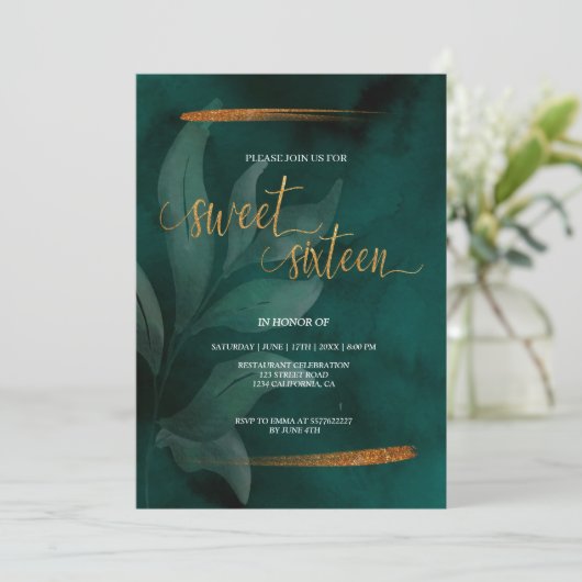 moderne smaragdgroen en zoete bladeren 16 uitnodig kaart (Staand voorkant)