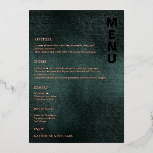 Moderne Smaragdgroen Zwart Elegante Huwelijksmenu' Folie Uitnodiging (Voorkant)