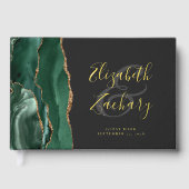 Moderne Smaragdgroene Agate Gouden Script Donker Gastenboek (Voorkant)