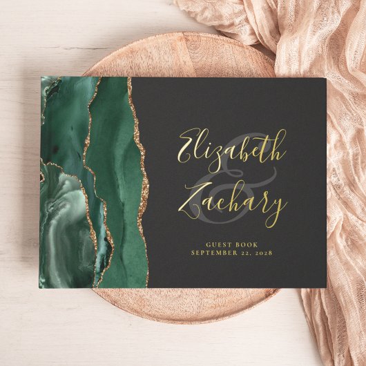 Moderne Smaragdgroene Agate Gouden Script Donker Gastenboek