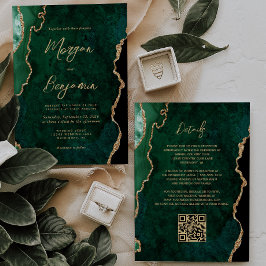 Moderne Smaragdgroene Agaten Script QR Code Trouwk Kaart