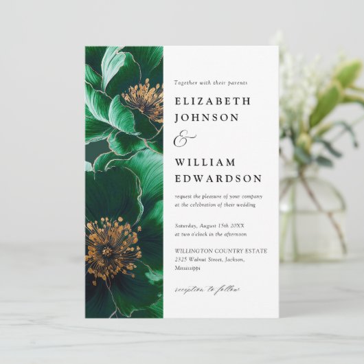 Moderne smaragdgroene bloemencode QR-code bruiloft Kaart (Staand voorkant)