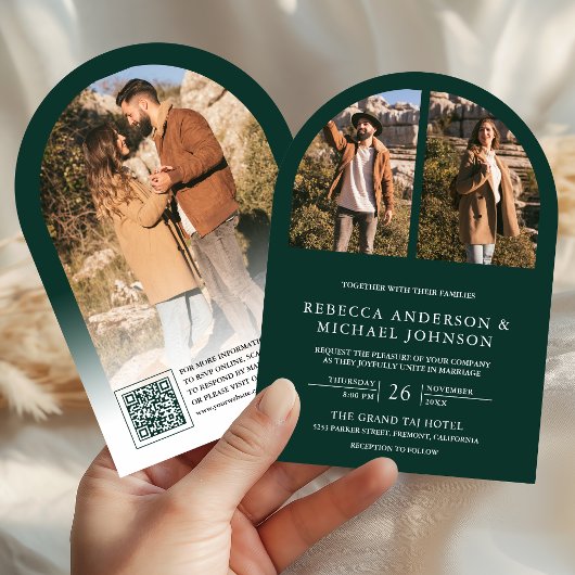 Moderne smaragdgroene boog foto QR-code bruiloft Kaart