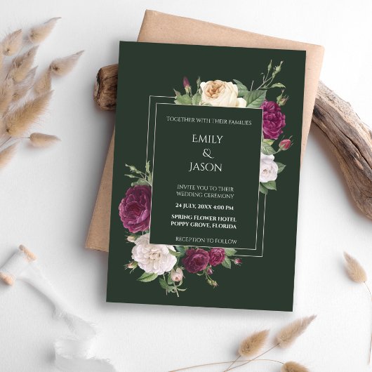 Moderne smaragdgroene bordeauxrode bloemenprint kaart