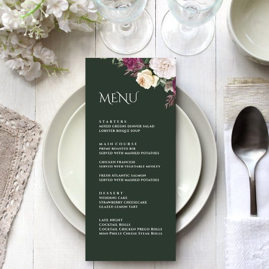 Moderne Smaragdgroene Bourgondische Pioenrozen Men Menu