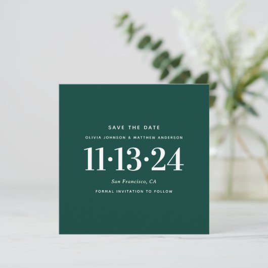 Moderne smaragdgroene eenvoudige minimalistische b save the date (Staand voorkant)