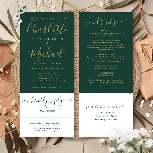 Moderne smaragdgroene elegante gouden script  kaart