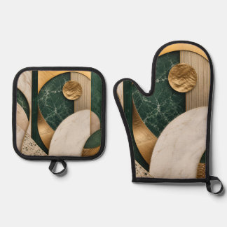 Moderne Smaragdgroene en Beige Abstracte Ovenwant & Pannenlap Set