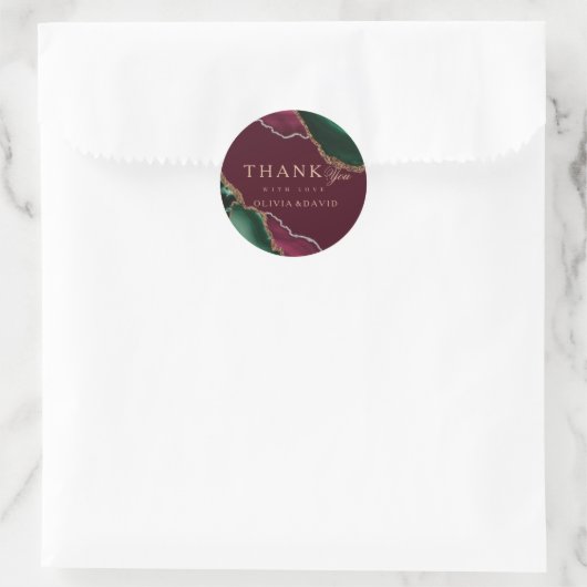 Moderne smaragdgroene gouden agaat burgundy bruilo ronde sticker (Tas)