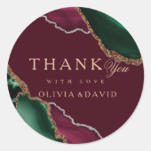 Moderne smaragdgroene gouden agaat burgundy bruilo ronde sticker (Voorkant)