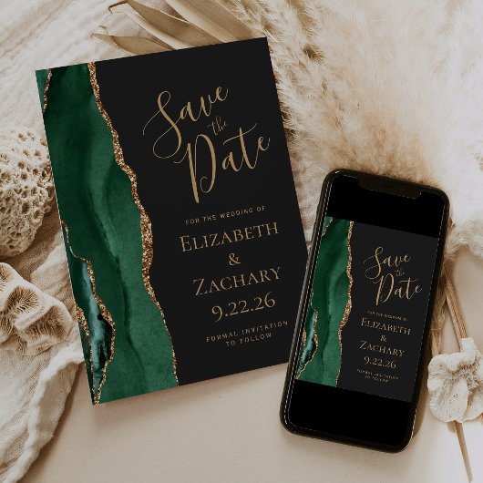 Moderne Smaragdgroene Gouden Agate Donkere Save th The Date