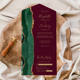 Moderne Smaragdgroene Gouden Agaten Burgundy Bruil All In One Uitnodiging