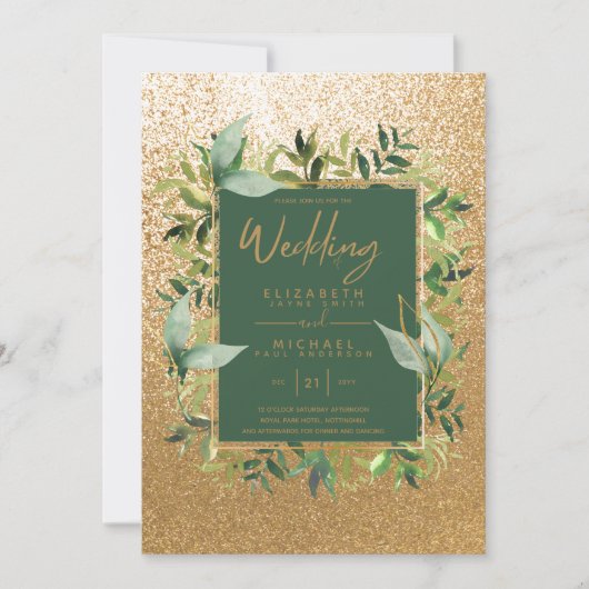 Moderne smaragdgroene gouden groene trouwuitnodigi kaart (Voorkant)