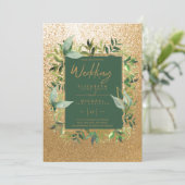 Moderne smaragdgroene gouden groene trouwuitnodigi kaart (Staand voorkant)
