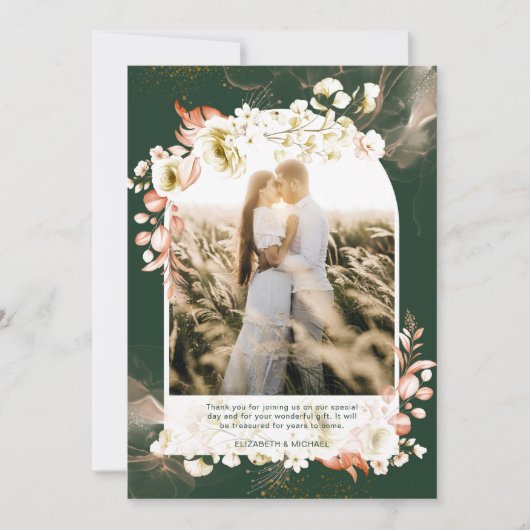 Moderne Smaragdgroene Koraal Bloemige FOTO DANK JE Bedankkaart (Voorkant)