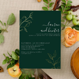 Moderne smaragdgroene script botanische trouw goud folie uitnodiging