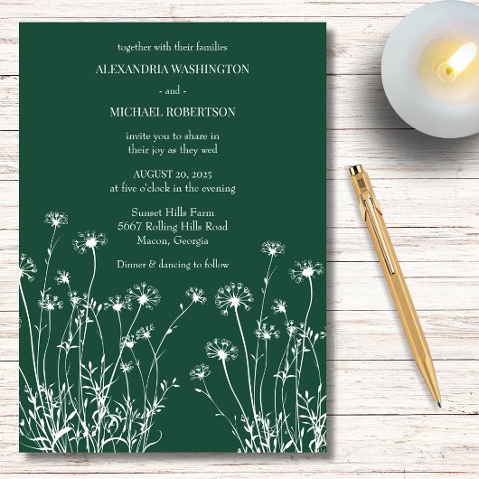 Moderne Smaragdgroene & Witte Wilde Bloemen Bruilo Kaart