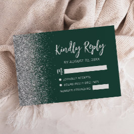 Moderne Smaragdgroene Zilveren Glitter Rand Script RSVP Kaartje