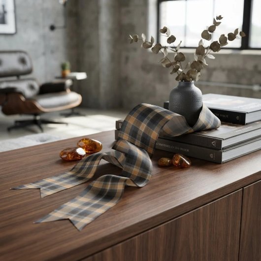 Moderne Smokey Amber Tartan Plaid Satijnen Lint