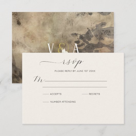 Moderne Smokey Gold Line en Floral Ampersand RSVP (Voorkant / Achterkant)