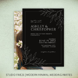 Moderne Smokey Zwart Bladgroen Omtrek Foto Bruilof Kaart