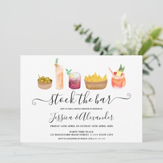 Moderne snacks cocktails waterverf paren douchen kaart (Staand voorkant)