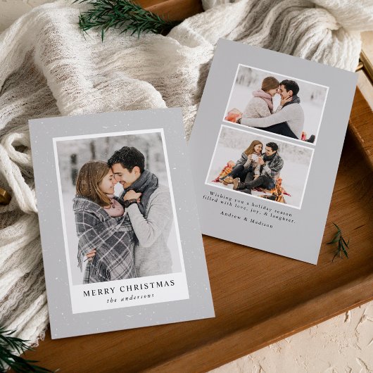 Moderne Sneeuw Vloeit Grijze Foto Feestdagenkaart