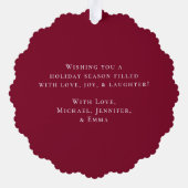 Moderne sneeuwbes groen krans bordeaux foto ornament kaart (Achterkant)