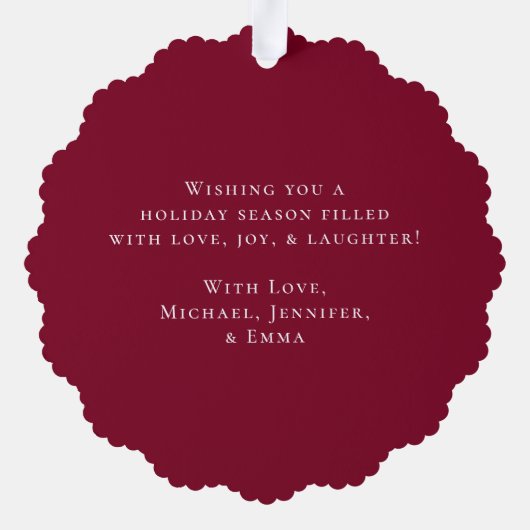 Moderne sneeuwbes groen krans bordeaux foto ornament kaart (Achterkant)