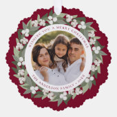 Moderne sneeuwbes groen krans bordeaux foto ornament kaart (Voorkant)