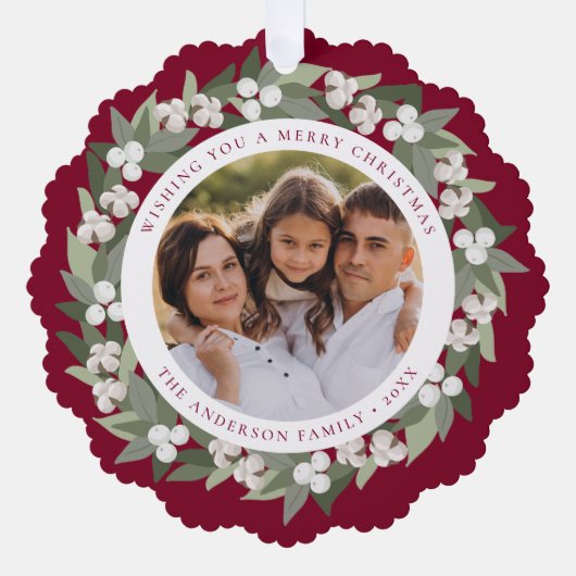 Moderne sneeuwbes groen krans bordeaux foto ornament kaart (Voorkant)